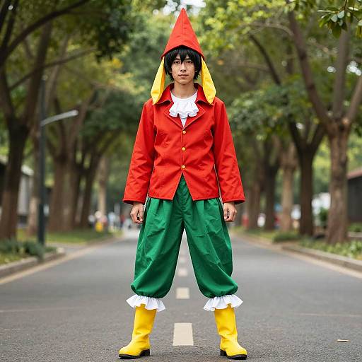 Photograph of an Asian man in a red elf costume with yellow ears, green pants, yellow boots, and white ruffle collar, standing on a