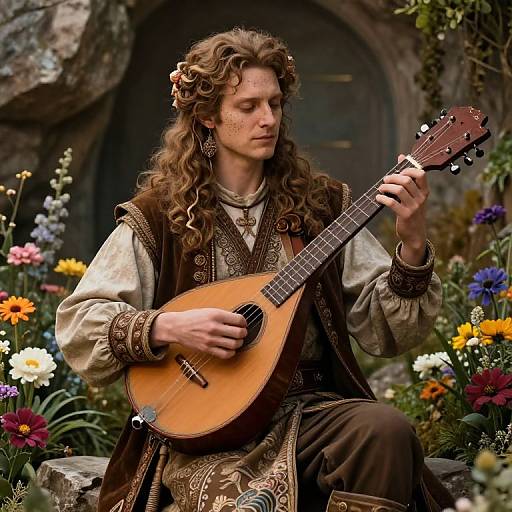 Medieval-style man with long brown hair, playing a wooden lute in a vibrant, flower-filled garden, wearing ornate brown and beige attire.