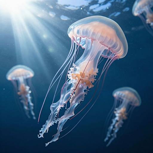 Photograph of glowing jellyfish with translucent, flowing tentacles in a deep blue underwater scene, illuminated by bright sunlight from above.