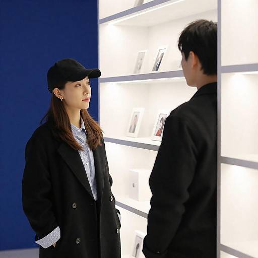 Woman Observes Man in White Shelves