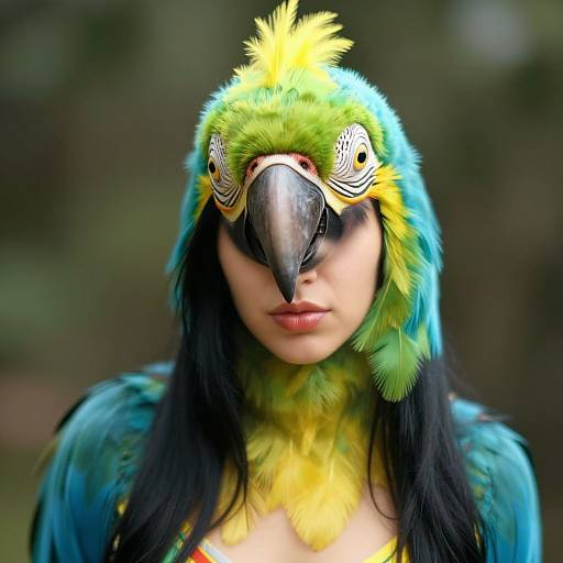 Photograph of a woman with a parrot head mask, featuring vibrant blue, green, and yellow feathers, black hair, and a serious expression,