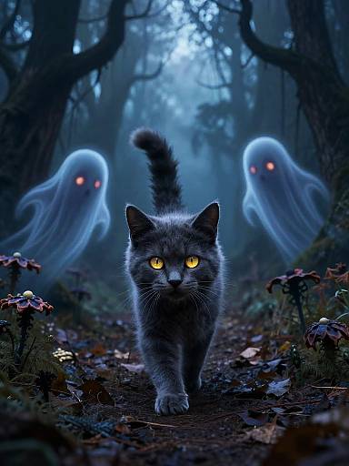 Digital artwork of a brave gray cat with glowing yellow eyes, walking down a dark, misty forest path, with two eerie blue ghostly figures with