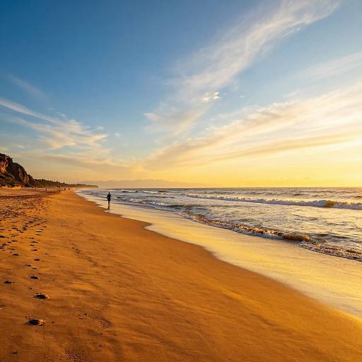Photograph of a golden sandy beach at sunset, with a lone figure walking near the shore, waves gently crashing, and a vibrant blue and orange sky