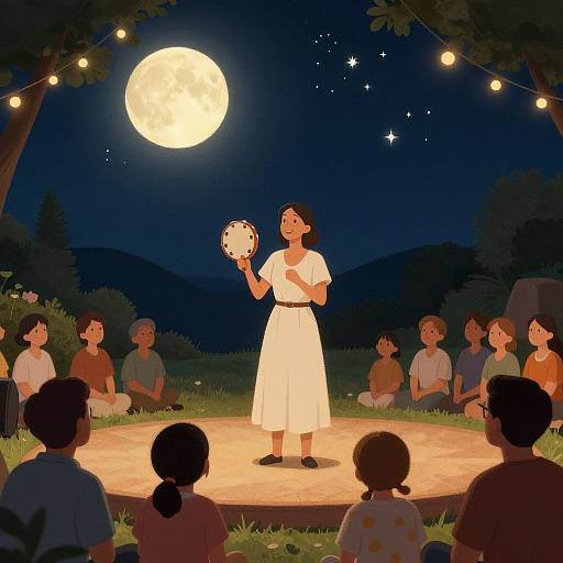 Digital illustration of a young woman in a white dress, holding a woven basket, performing under a full moon in a starlit garden, with an audience