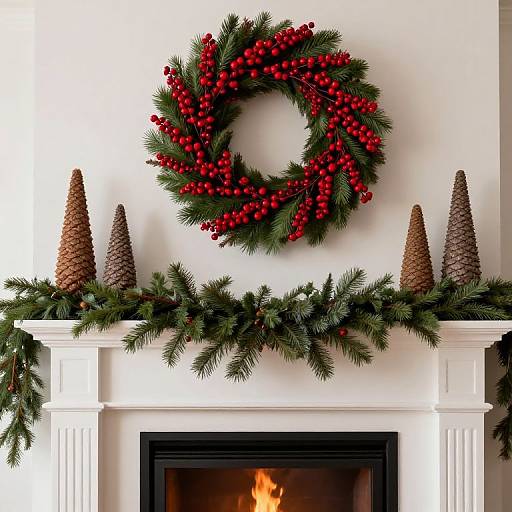 Photograph of a white fireplace adorned with a red berry wreath, pine garland, and two brown pine cones above a lit fireplace.