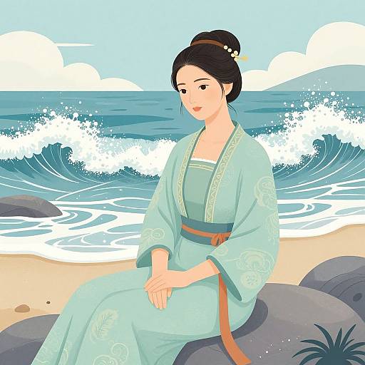 Digital illustration of an Asian woman in a light blue kimono, sitting on rocks by a beach with waves and clouds.