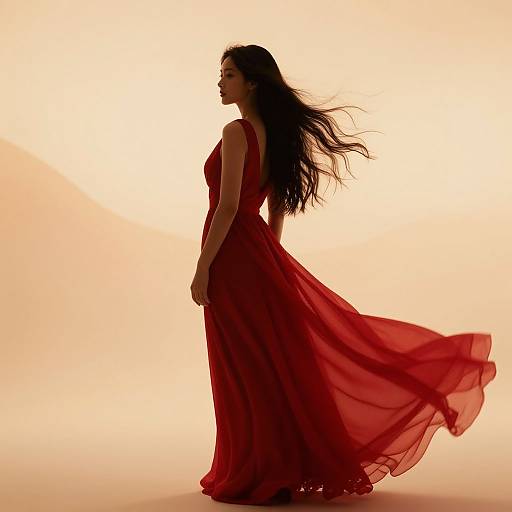 Silhouetted photograph of a woman with long black hair in a flowing red dress, standing against a bright orange gradient background.