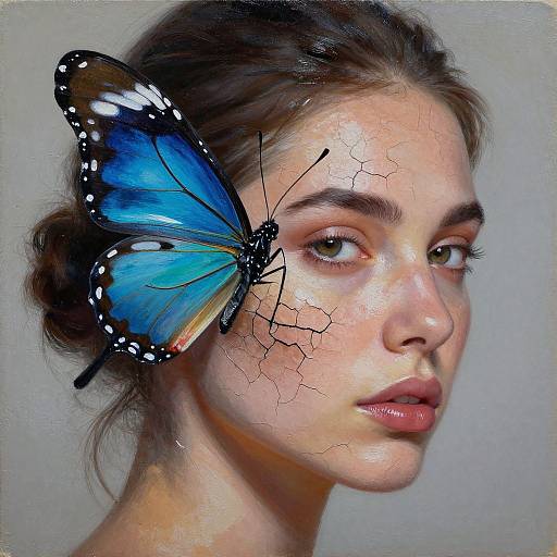Photorealistic digital portrait of a young woman with fair skin, brown hair in a bun, and a large blue and black butterfly with white spots on