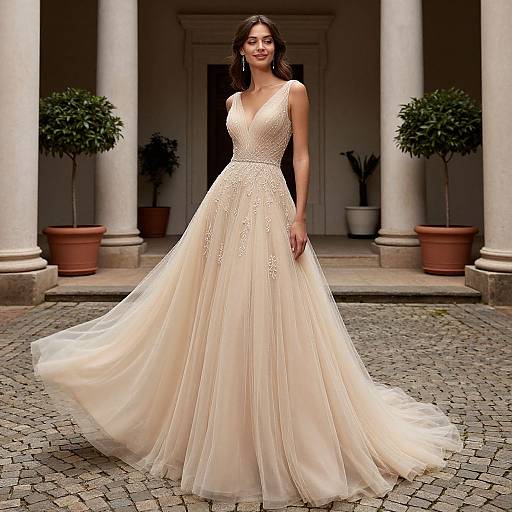 Elegant Woman in Beaded Champagne Gown