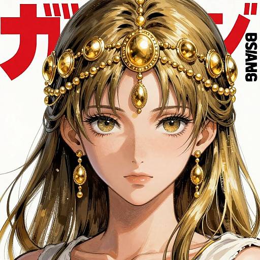 Digital anime-style portrait of a fair-skinned woman with golden-brown hair, wearing a gold headpiece and earrings, against a white background with red