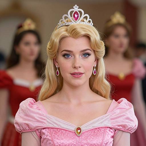 Digital CGI image of a blonde princess with blue eyes, pink dress, silver tiara, and red gemstone earrings, standing in front of two blurred