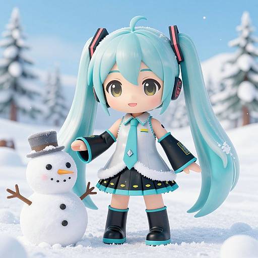 Digital chibi-style artwork of Hatsune Miku with turquoise twin-tails, wearing a winter outfit, standing in snow, touching a snowman.