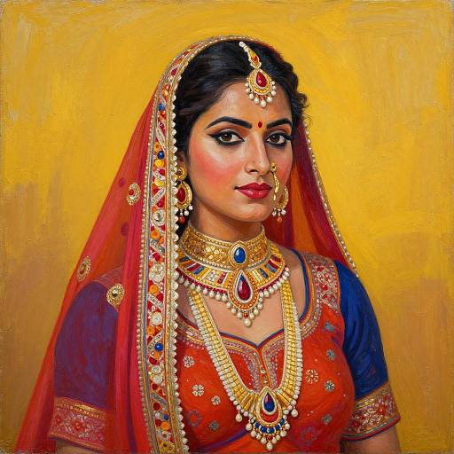 Digital painting of an Indian bride in traditional attire, adorned with gold jewelry, red and blue embroidered saree, and yellow backdrop.