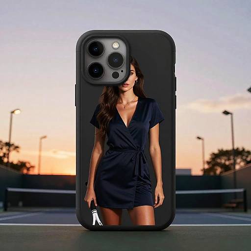 Photograph of a woman with long brown hair in a black V-neck romper, standing in front of a sunset sky, reflected in a black iPhone