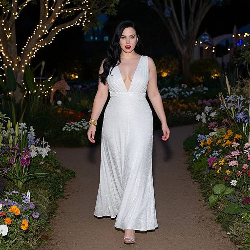 Photograph of a curvy woman with long black hair in a deep V-neck white evening gown, walking down a garden path adorned with colorful flowers and