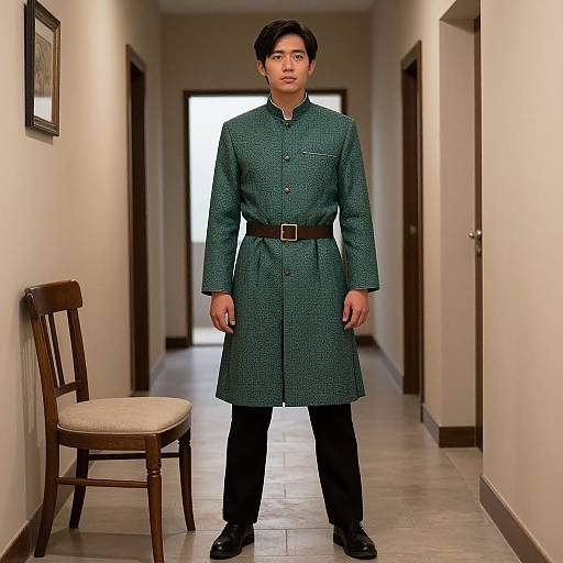 Man in Traditional Green Coat Standing in Hallway