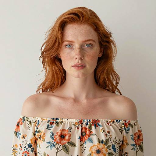 Redhead Woman in Floral Off-Shoulder Dress