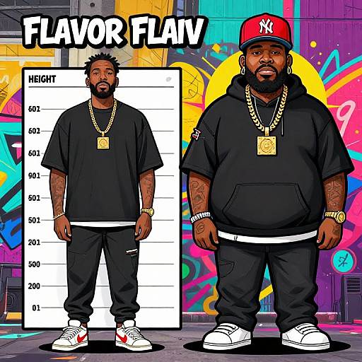 Digital illustration of a tall and short Black man with beards, wearing black hoodies, chains, and NY hats, against colorful graffiti background with height