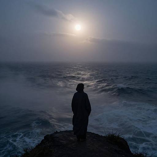 Photograph of a silhouetted person standing on a rocky cliff, gazing at a sunlit, misty ocean horizon at dawn.