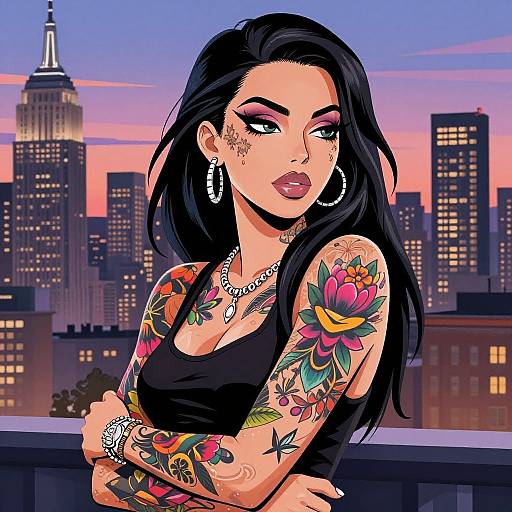 Digital illustration of a tattooed woman with long black hair, wearing a black tank top, hoop earrings, and silver necklace, standing on a rooftop against