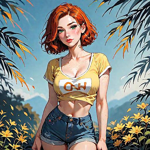 Redhead Woman in Yellow Crop Top and Denim Shorts Outdoors