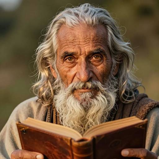 Photograph of an elderly man with a long, white, wavy beard and hair, holding an open, worn book, looking intently at it