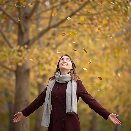 Photograph of smiling woman with light gray scarf, dark coat, arms outstretched, surrounded by autumn leaves and yellow trees.