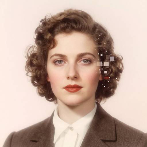 Photorealistic digital portrait of a fair-skinned woman with short, curly brown hair, red lipstick, wearing a white shirt and brown blazer,