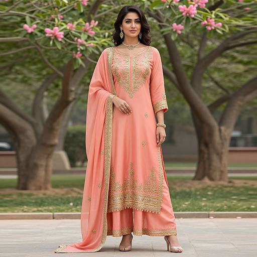 Photograph of an elegant Indian woman in a peach salwar kameez with gold embroidery, standing in a park with pink flowers.