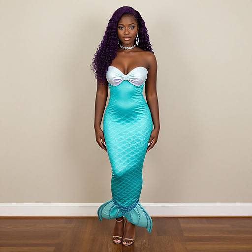 Photograph of a Black woman with long curly hair, wearing a strapless turquoise mermaid dress with white top, standing on wooden floor against a white