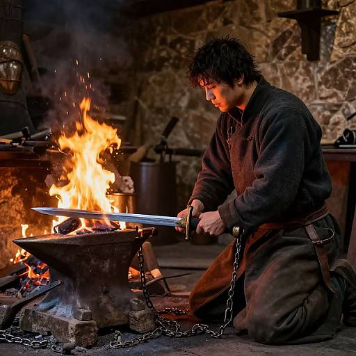 Photograph of a young man with dark, messy hair, kneeling by a fiery forge, hammering a sword on an anvil in a stone-w