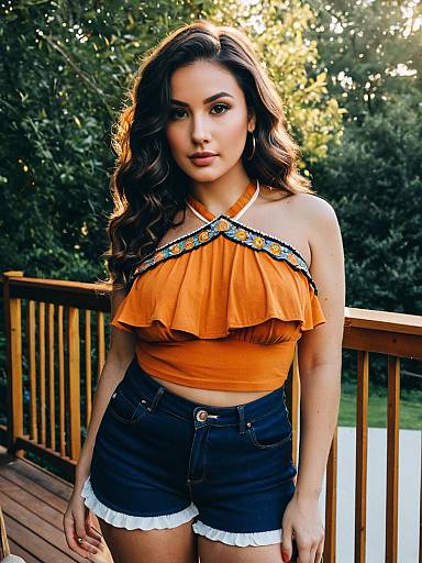 Woman in Tangerine Halter Crop Top and Denim Shorts