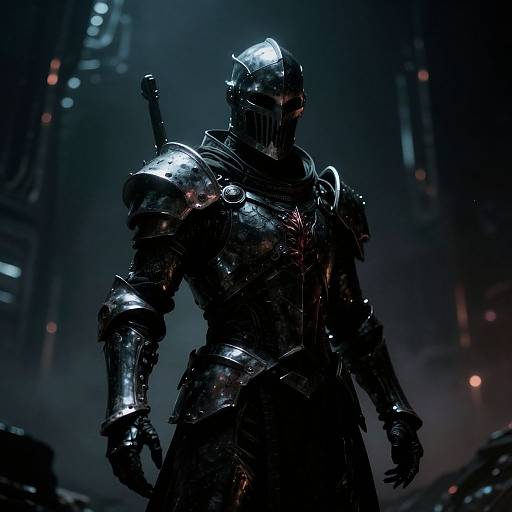 CGI image of a dark, armored knight with a glowing helmet in a futuristic, neon-lit cityscape, standing in shadow with a sword on