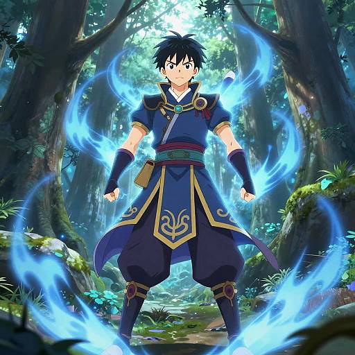 Anime-style digital illustration of a young male warrior with blue and gold armor, standing in a mystical forest, surrounded by glowing blue energy.