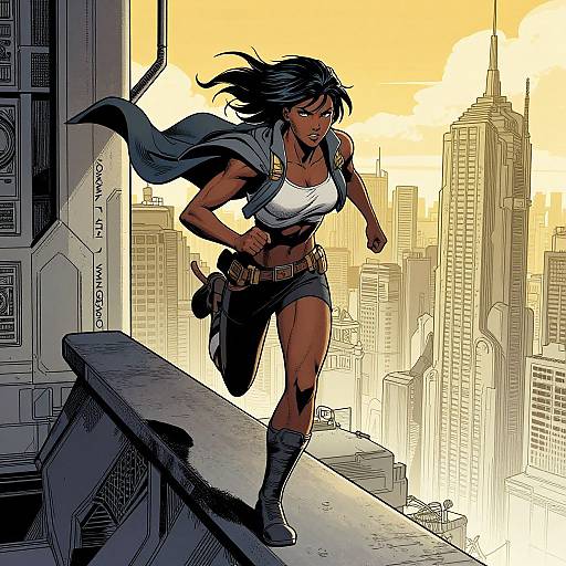 Digital comic-style illustration of a muscular, dark-skinned woman with black hair, wearing a white crop top, black shorts, and boots, running on