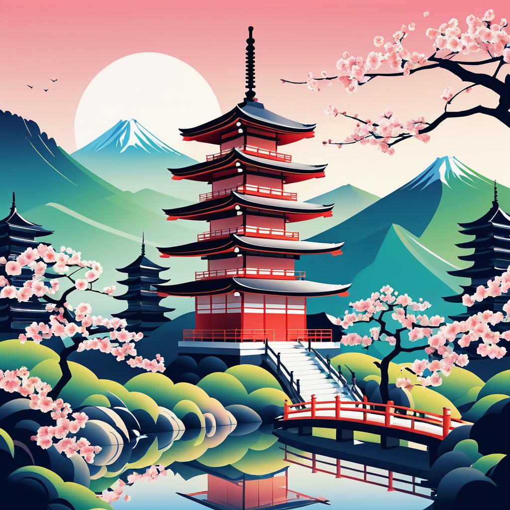 Vibrant Japanese Pagoda with Cherry Blossoms