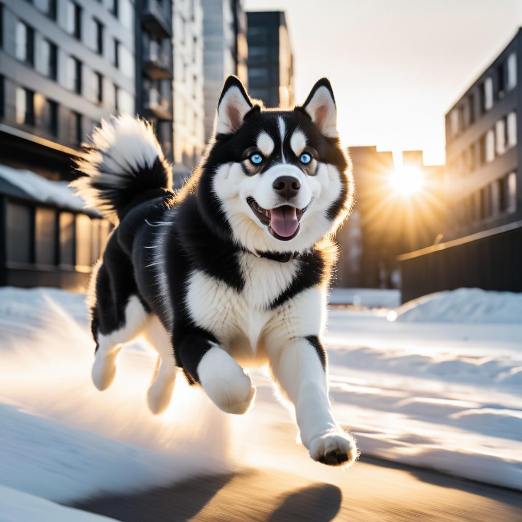 Siberian Husky Running in Urban Sunset