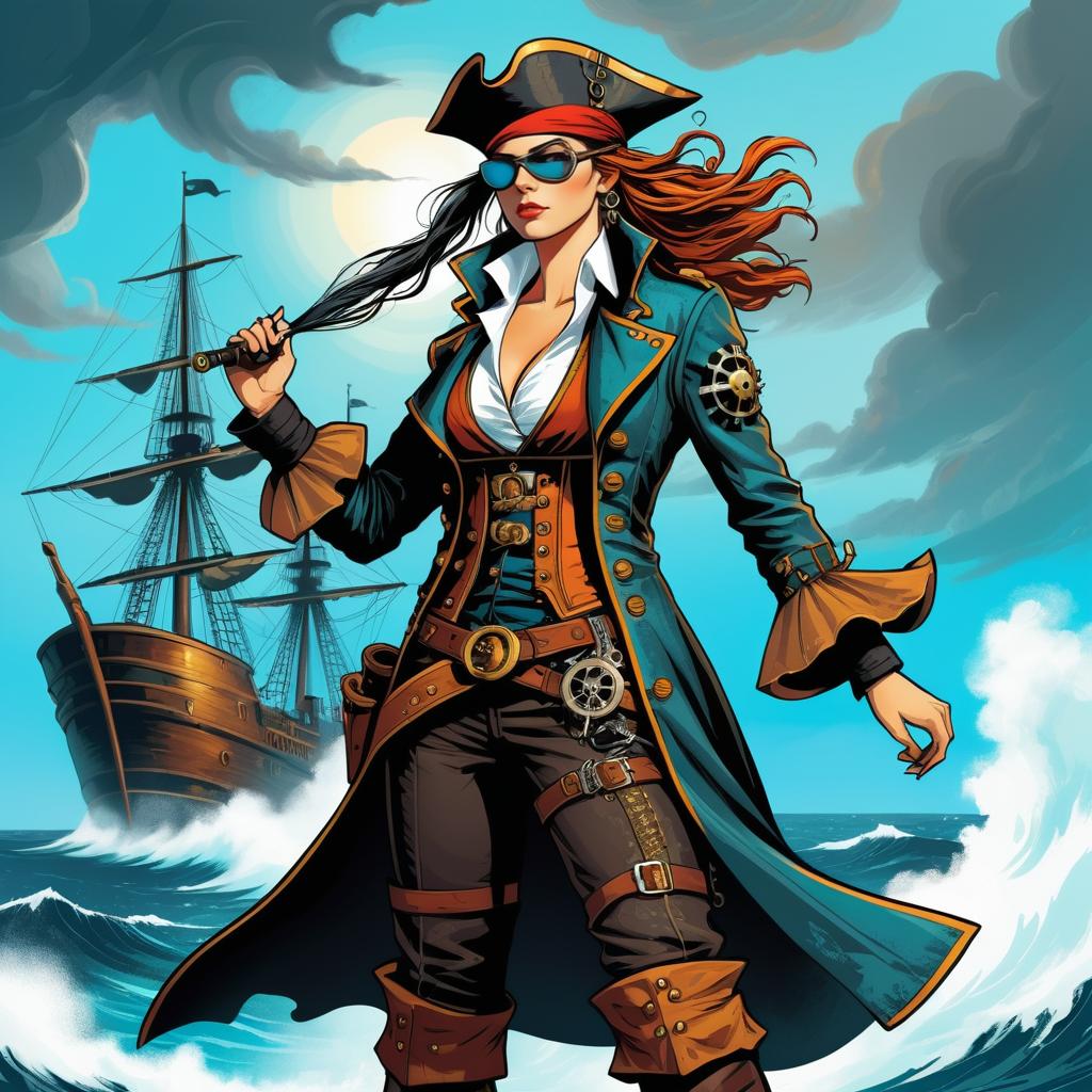 Dynamic Steampunk Pirate on Stormy Seas