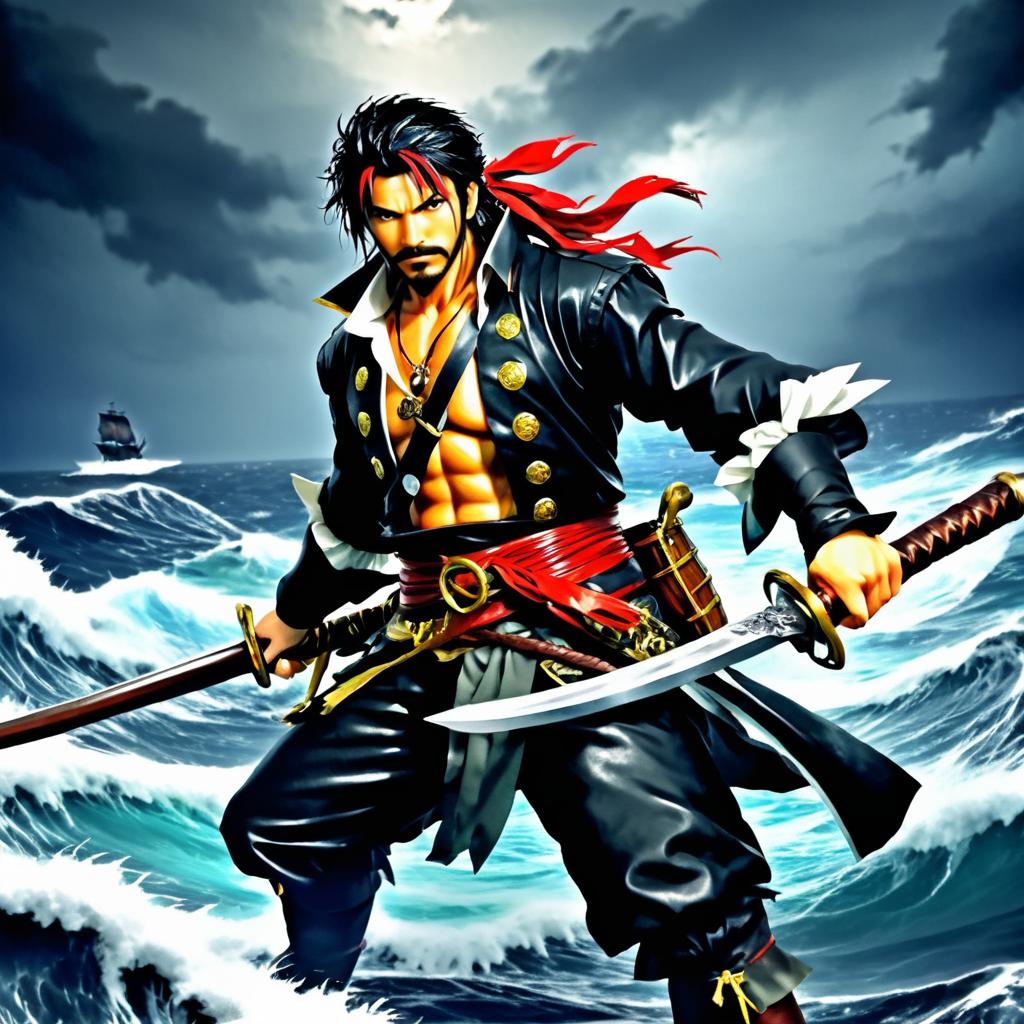 Fearless Pirate Captain in Stormy Sea