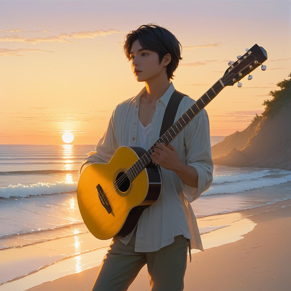 Hopeful Guitarist on a Sunset Beach