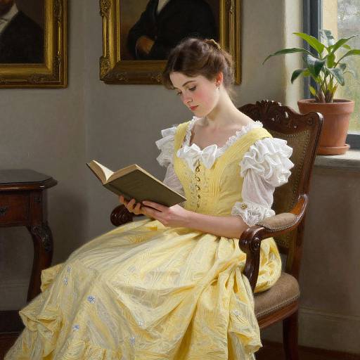 Victorian woman in yellow dress with white lace trim, reading book in ornate chair, sunlight through window, potted plant, framed portraits.