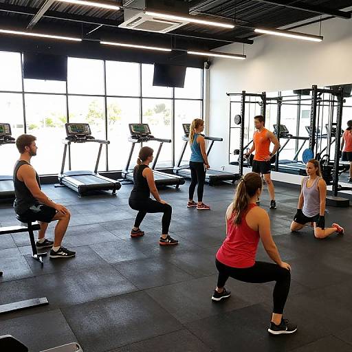 Photograph of six diverse individuals in a modern gym, performing squats on black rubber flooring, surrounded by cardio equipment and weight machines. Bright natural light