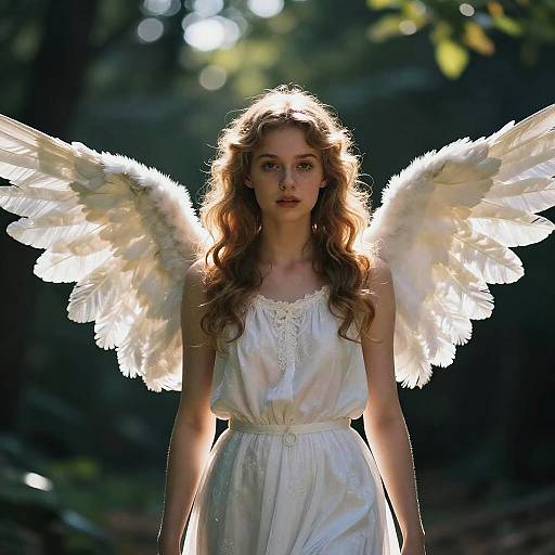 Photograph of a young woman with long, wavy brown hair, wearing a white, lace-trimmed dress, and large, glowing white angel