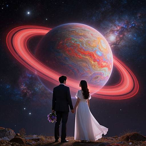 Photograph-like digital art of a bride in white dress and groom in black suit, holding hands, gazing at a colorful, ringed planet with