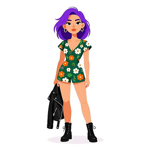 Digital illustration of a confident woman with purple hair, wearing a green floral romper, black boots, and holding a black jacket.