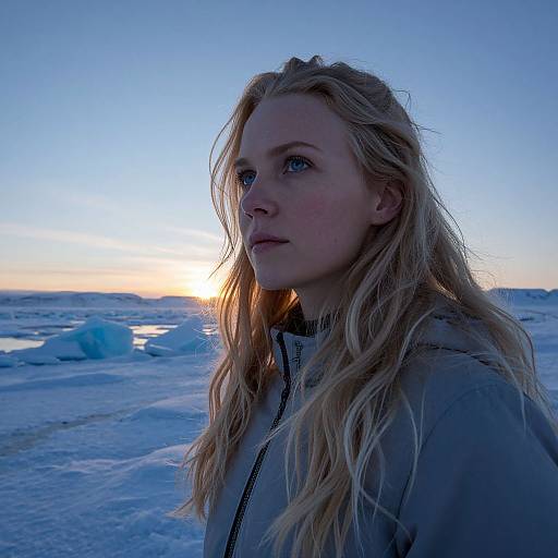 Photograph of a blonde woman with long wavy hair in a grey jacket, standing on a snowy, icy landscape at sunset.