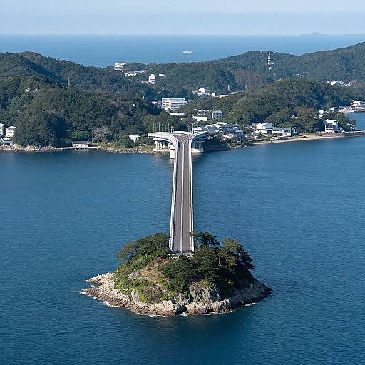 Aerial photograph of a narrow road bridge connecting a small, tree-covered island to a densely wooded coastal town with blue ocean and clear sky background.