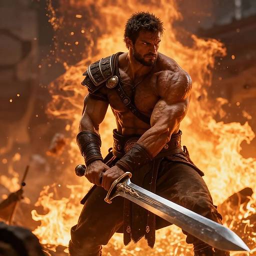 Muscular, shirtless warrior with spiky hair and leather armor, holding a sword, standing amidst intense orange flames in a dramatic, action-filled scene