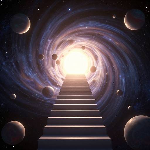 Digital artwork of a glowing, spiral galaxy with a staircase leading to a bright, radiant light at the center, surrounded by floating planets. Dark, star