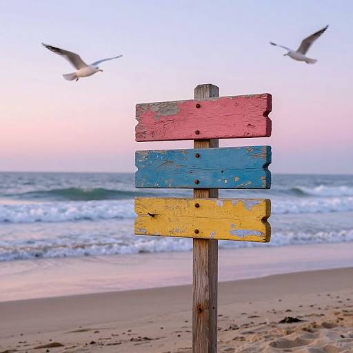 Photograph of a colorful, weathered wooden signpost with red, blue, and yellow boards, standing on a sandy beach at sunset, with two